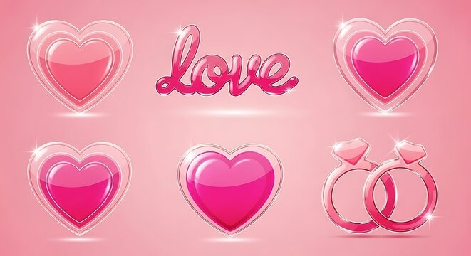 Set of shiny pink glass hearts and wedding rings with love text for valentines day design