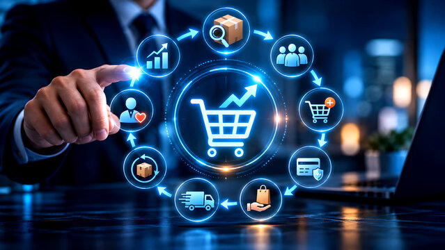 A professional hand draws an upward arrow chart surrounded by shopping cart icons, symbolizing online shopping growth, increasing revenue, market expansion, and successful sales performance.