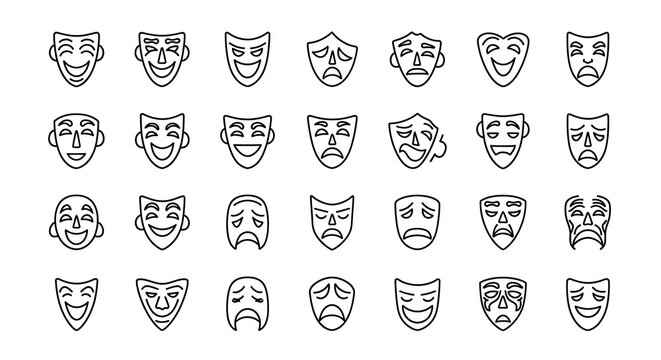 Set of hand drawn theatrical masks showing various facial expressions and emotions in black and white