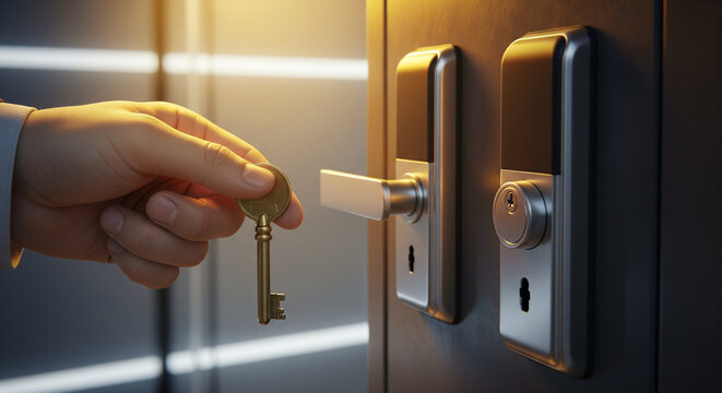 Close up of hand holding traditional brass key next to modern electronic smart lock