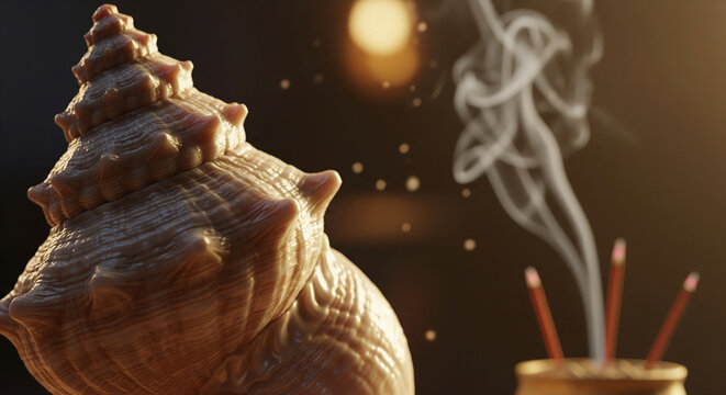 Close up of a spiral conch shell and burning incense sticks with rising smoke in a dark ambient setting