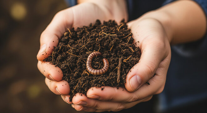 Hands holding rich dark soil with a striped millipede for gardening and ecology concept