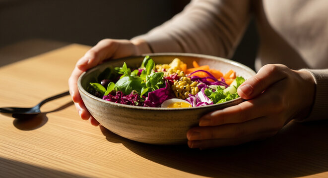 Hands holding a bowl of fresh healthy colorful vegetable salad on a wooden table