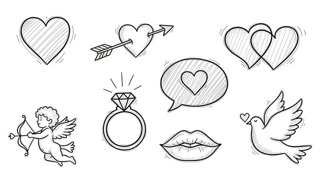 Set of cute hand drawn love icons with hearts cupid diamond ring lips and a dove for valentines day