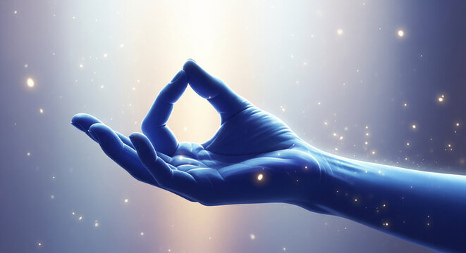 Blue stylized hand in meditation mudra against a cosmic glowing background