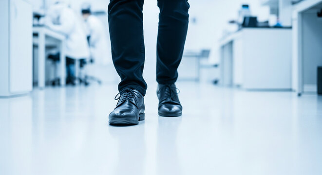 Low angle view of a professional man walking through a modern scientific laboratory or medical research facility