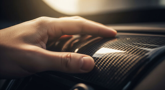 Close up of a hand touching a carbon fiber surface in a luxury vehicle interior