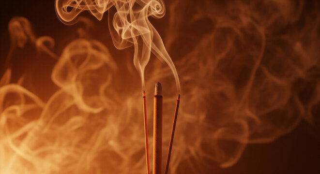 Close up of burning incense sticks with swirling aromatic smoke in warm light