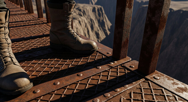Close up of work boots on a rusty metal industrial platform overlooking a deep rocky canyon