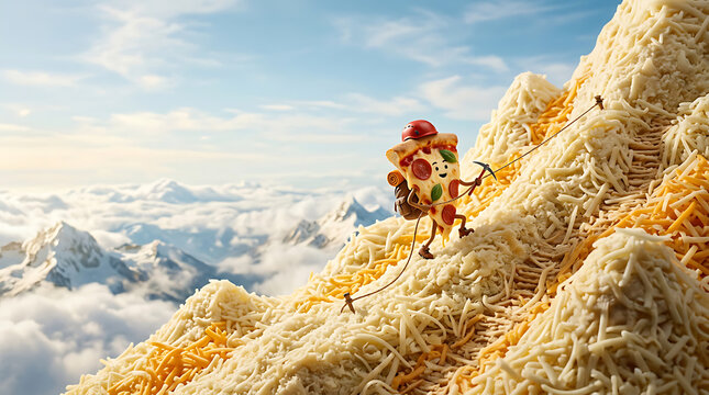 A cute pizza slice character climbing a mountain made of shredded cheese.