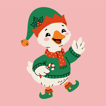 Cute Christmas Duck Character Wearing Winter Clothes Illustration