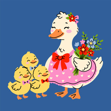 Adorable Duck Family Cartoon with Mother and Baby Ducks