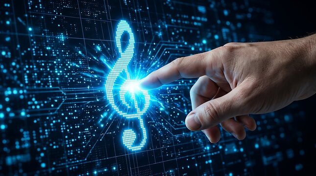Finger touching glowing blue treble clef on digital circuit board background music note technology hand