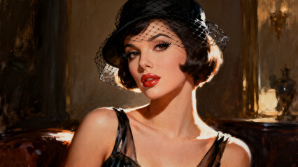 Fototapeta premium Elegant Vintage Woman Wearing a Black Hat with Veil in Glamorous Portrait