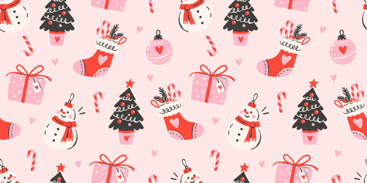 Christmas seamless pattern with hand drawn festive doodles. Cute red and pink holiday background with snowman, tree, stockings, gifts, ornaments and candy canes