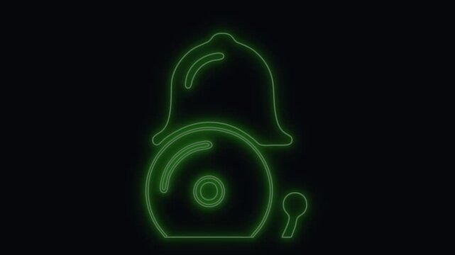 Fire alarm bell shining with a brilliant green neon illumination in the dark, representing safety protocols and emergency alerts.