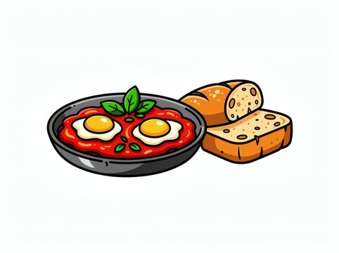 Shakshuka featuring poached eggs in rich tomato sauce garnished with fresh basil leaves sits beside two slices of crusty bread for a vibrant and healthy breakfast meal concept.