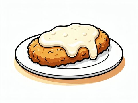 Schnitzel topped with creamy white mushroom gravy sits on a clean white ceramic plate for a classic comfort food meal presentation in a minimalist restaurant menu setting.