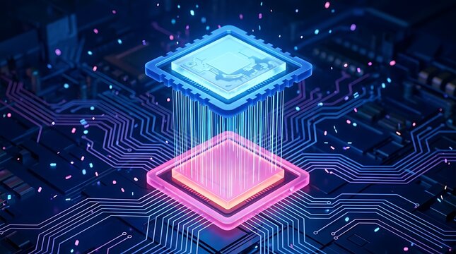 Glowing blue and pink processors on a dark circuit board with light particles technology chip computer