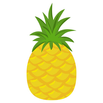 A vibrant tropical yellow pineapple fruit illustration with curved scale texture and green leaves isolated on a transparent background for summer designs.