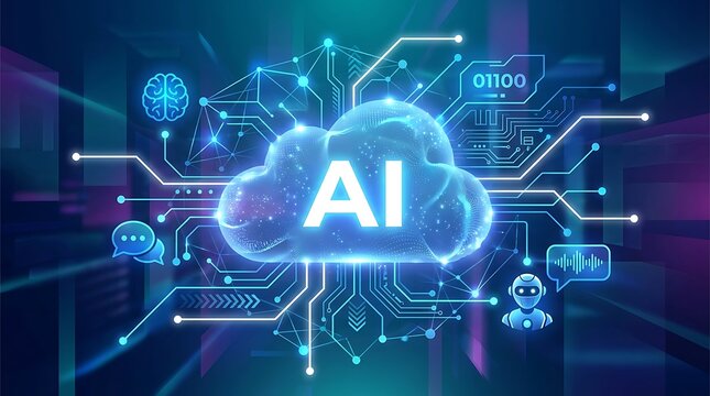 Artificial intelligence cloud computing concept with digital network connections and futuristic technology elements