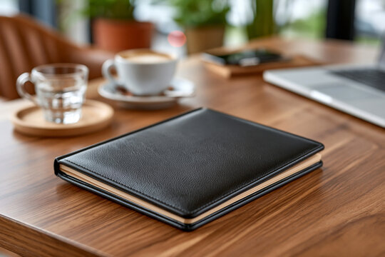 Blank ceremony agenda brochure with elegant academic details on a polished walnut table, modern luxury stationery concept, bright window light, no people