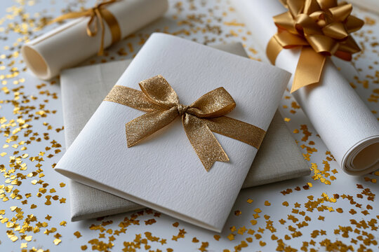 Blank graduation ceremony program brochure surrounded by tasteful gold confetti and rolled diploma on a pristine white background, premium commercial product photography, no people