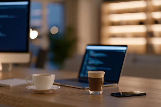 Modern artwork of clean programming desk with laptop, monitor, coffee cup, smartphone and notebook, blurred code interface, warm ambient led lighting, modern workspace, no people