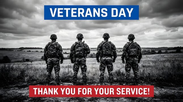 A patriotic veterans day tribute image featuring four soldiers standing in a field with text honoring military service and expressing gratitude for their brave sacrifice