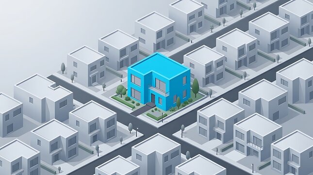 Isometric view of a vibrant blue house standing out among identical grey houses in a suburban neighborhood