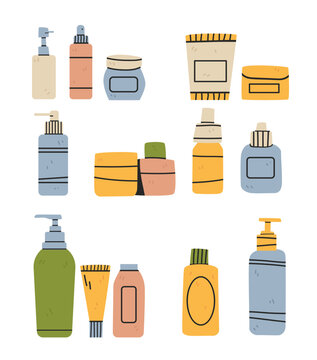 Skincare routine step guide self care routine collection of cosmetic bottles jars tubes in pastel colors flat hand drawn style isolated on white