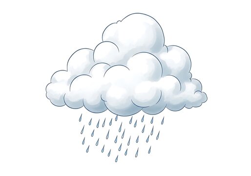 Hand drawn sketch of a single fluffy rain cloud with falling water droplets
