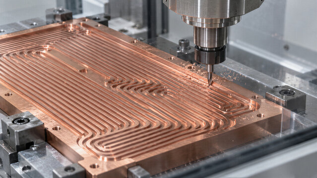 A CNC machine precisely mills intricate patterns into a copper plate. Metal shavings scatter across the surface during this industrial manufacturing process.