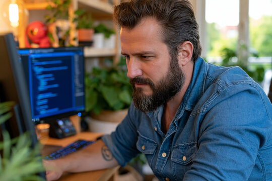 Creative concept: experienced software engineer concentrating on coding in a premium home office, dual-monitor setup, organized desk, indoor plants, bright natural daylight