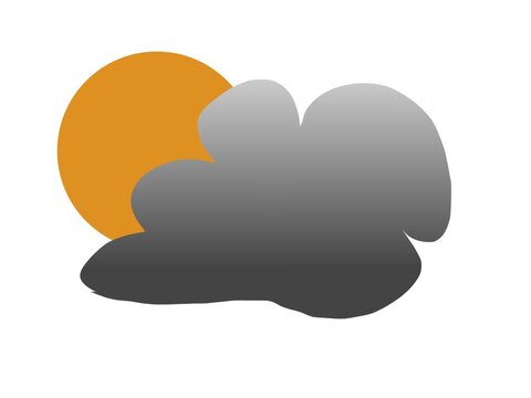 Abstract cloudy weather icon with orange sun partially hidden behind gray clouds, simple flat illustration on light background,