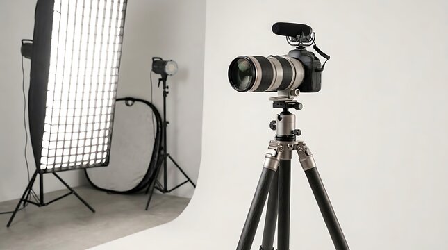 Professional camera on a tripod with a microphone and studio lighting equipment in the background