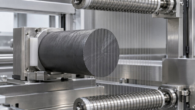 Industrial machine cutting silicon ingot with thin wire into wafers. Precision equipment in modern manufacturing facility for semiconductor production.