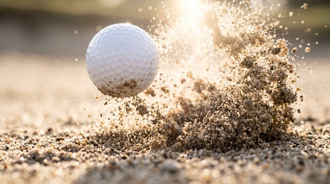 Close-up action shot of a golf ball exploding out of a sand bunker with splashing sand particles in golden sunlight.