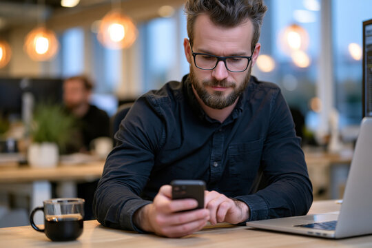 Mobile app developer testing an application on a smartphone beside a laptop and monitor, clean workspace, contemporary office, soft morning light, realistic detail