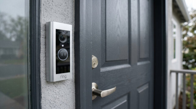 Smart video doorbell with camera mounted beside gray front door of house. Wireless security device for monitoring visitors at entrance. Home automation technology concept.