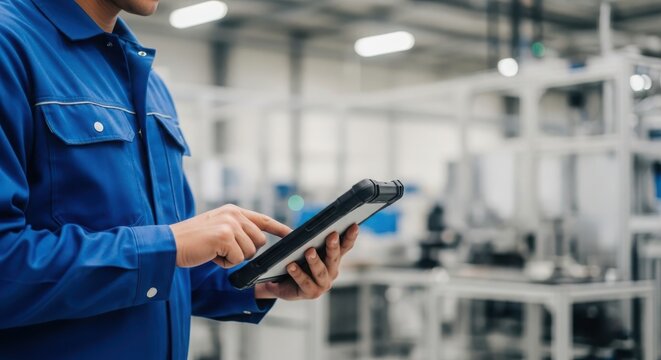 Faceless technician in blue uniform uses tablet device for industrial operations and data management in a modern factory setting.