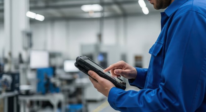 Faceless technician in blue uniform using a rugged digital tablet for industrial automation and control in a modern factory setting.