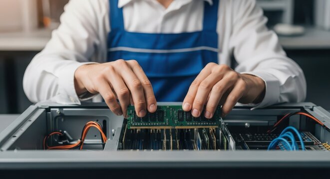 IT professional carefully installing computer RAM module into a server for an upgrade