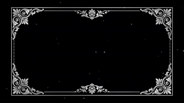 Ornate vintage silver filigree border with glowing dust particles. Classic victorian flourish frame for retro silent movie titles. Elegant antique cinematic overlay loops with a dark blank copy space