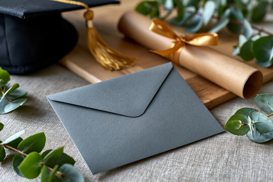 Concept showing sophisticated graduation invitation layout featuring a graduation cap, diploma and eucalyptus leaves on a neutral linen background, premium stationery aesthetic, bright natural