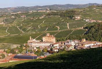 Obraz premium The town of Barolo, with the Falletti castle, surrounded by vineyards in Langhe region. Piedmont, Italy