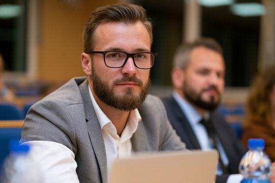 Concept showing university examination committee evaluating a thesis presentation in a modern lecture room, professional academic atmosphere, realistic collaboration