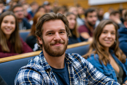 University lecture theater filled with engaged students listening to a keynote presentation, authentic educational atmosphere, modern architecture
