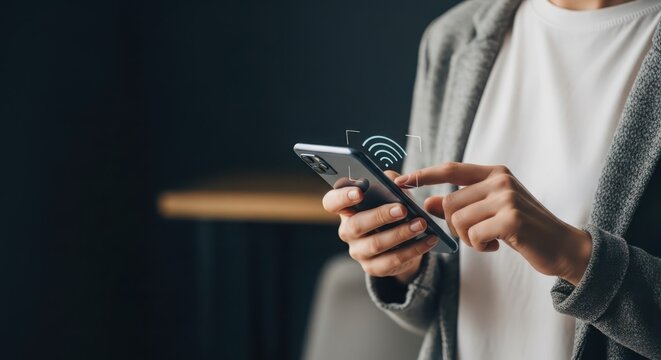 Person holding a smartphone with wireless signal emanating, interacting with digital technology