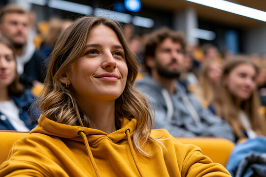 Creative concept: university lecture theater filled with engaged students listening to a keynote presentation, authentic educational atmosphere, modern architecture